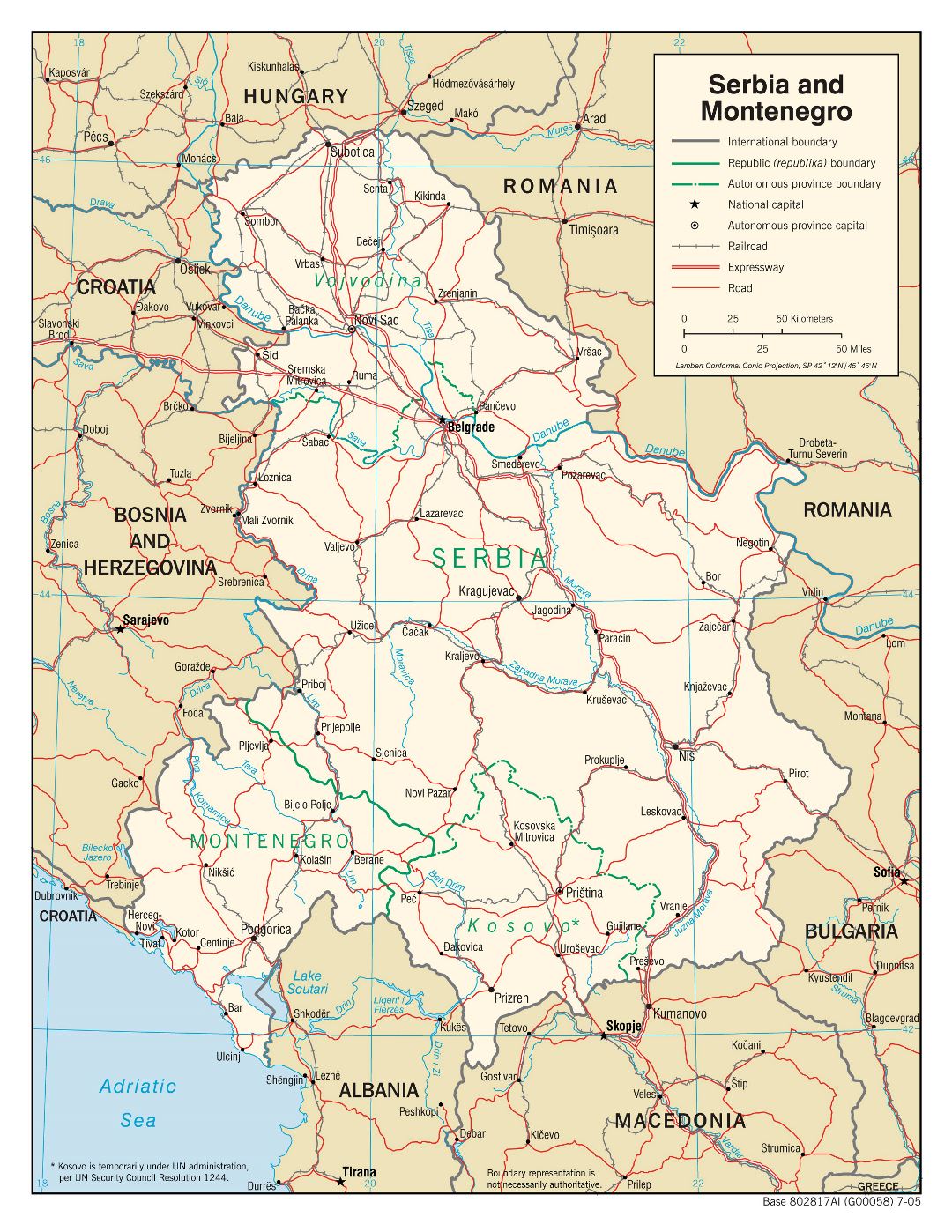 Большая детальная политическая карта Сербии и Черногории с дорогами, железными дорогами и крупными городами - 2005