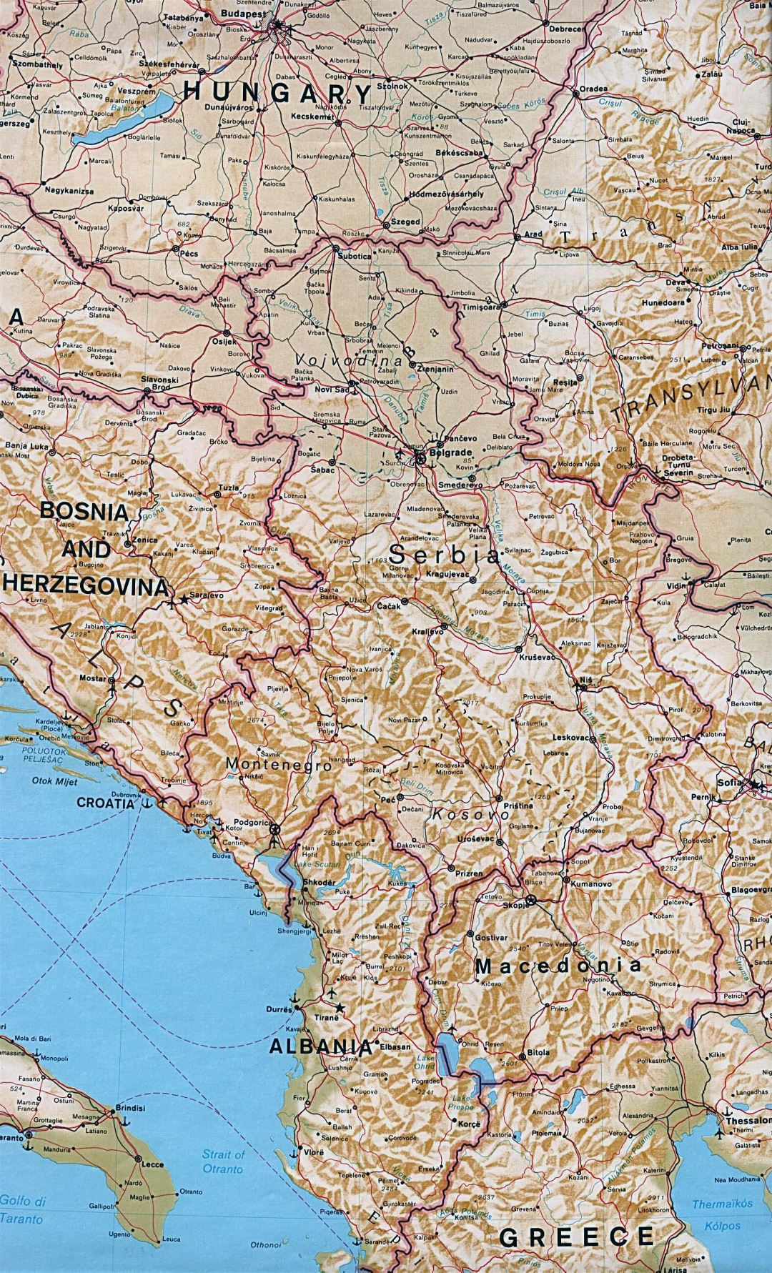 Большая политическая карта Северных Балкан с рельефом