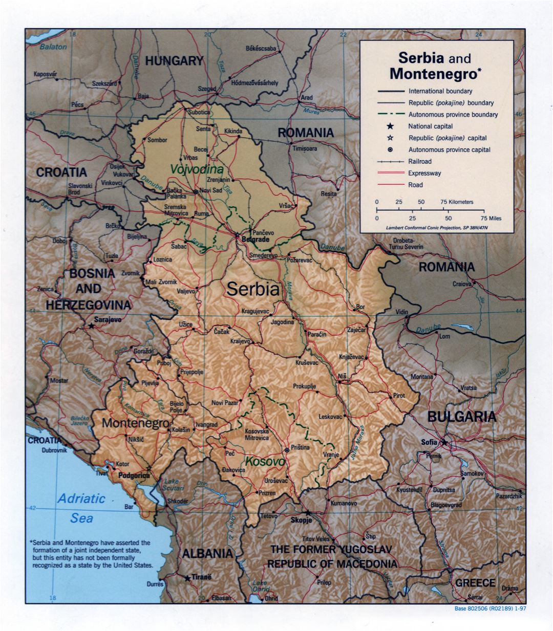 Крупномасштабная политическая карта Сербии и Черногории с рельефом, дорогами, железными дорогами и крупными городами - 1997