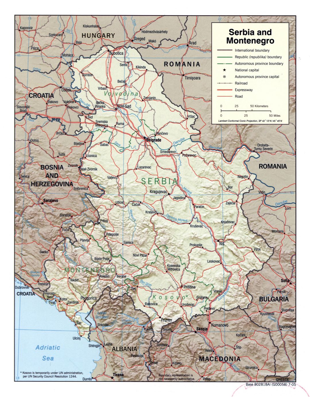 Крупномасштабная политическая карта Сербии и Черногории с рельефом, дорогами, железными дорогами и крупными городами - 2005
