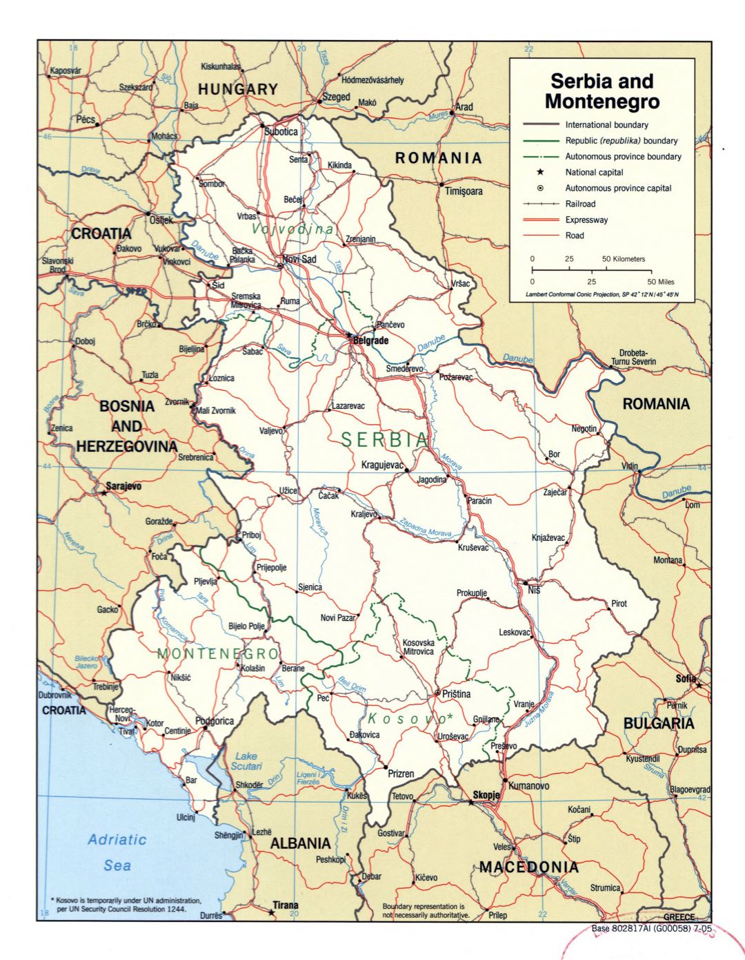 Крупномасштабная политическая карта Сербии и Черногории с дорогами, железными дорогами и крупными городами - 2005