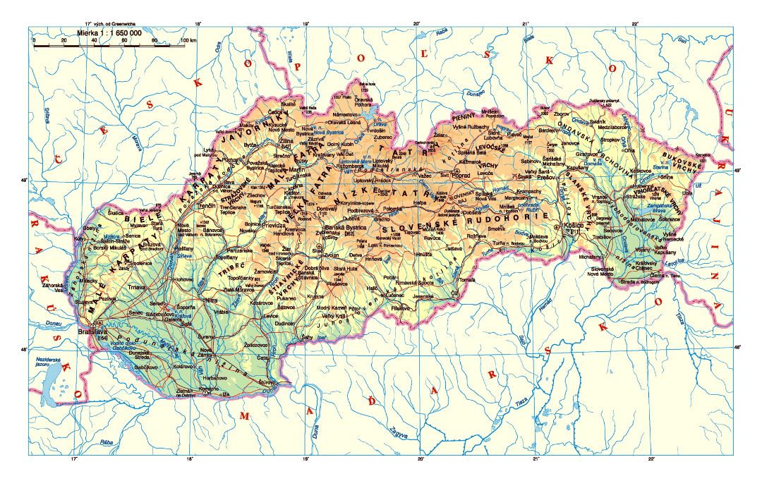 Детальная карта высот Словакии с дорогами, городами и аэропортами