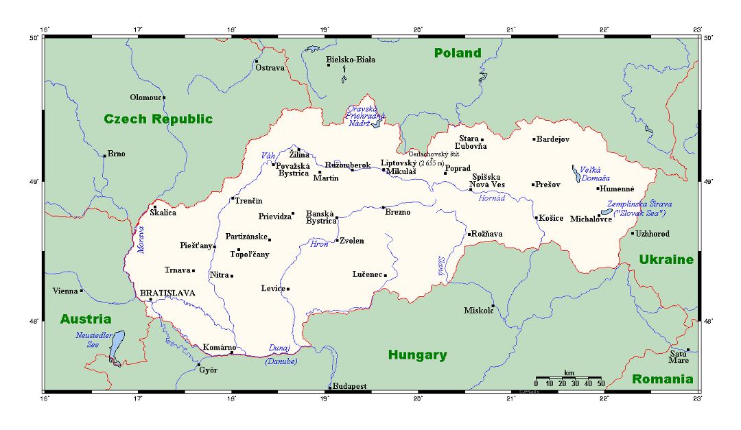 Детальная карта Словакии с крупными городами