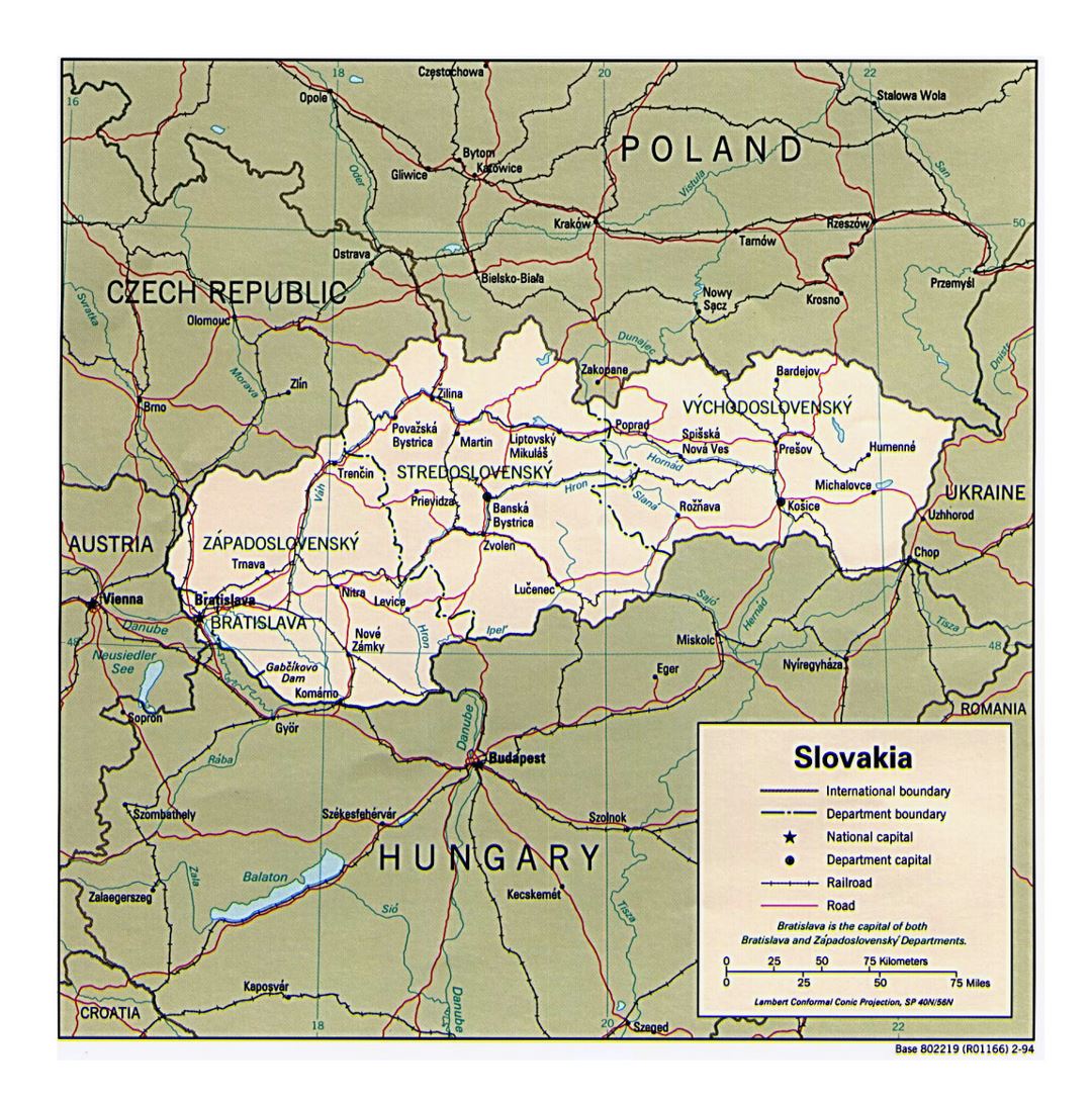 Детальная политическая и административная карта Словакии - 1994