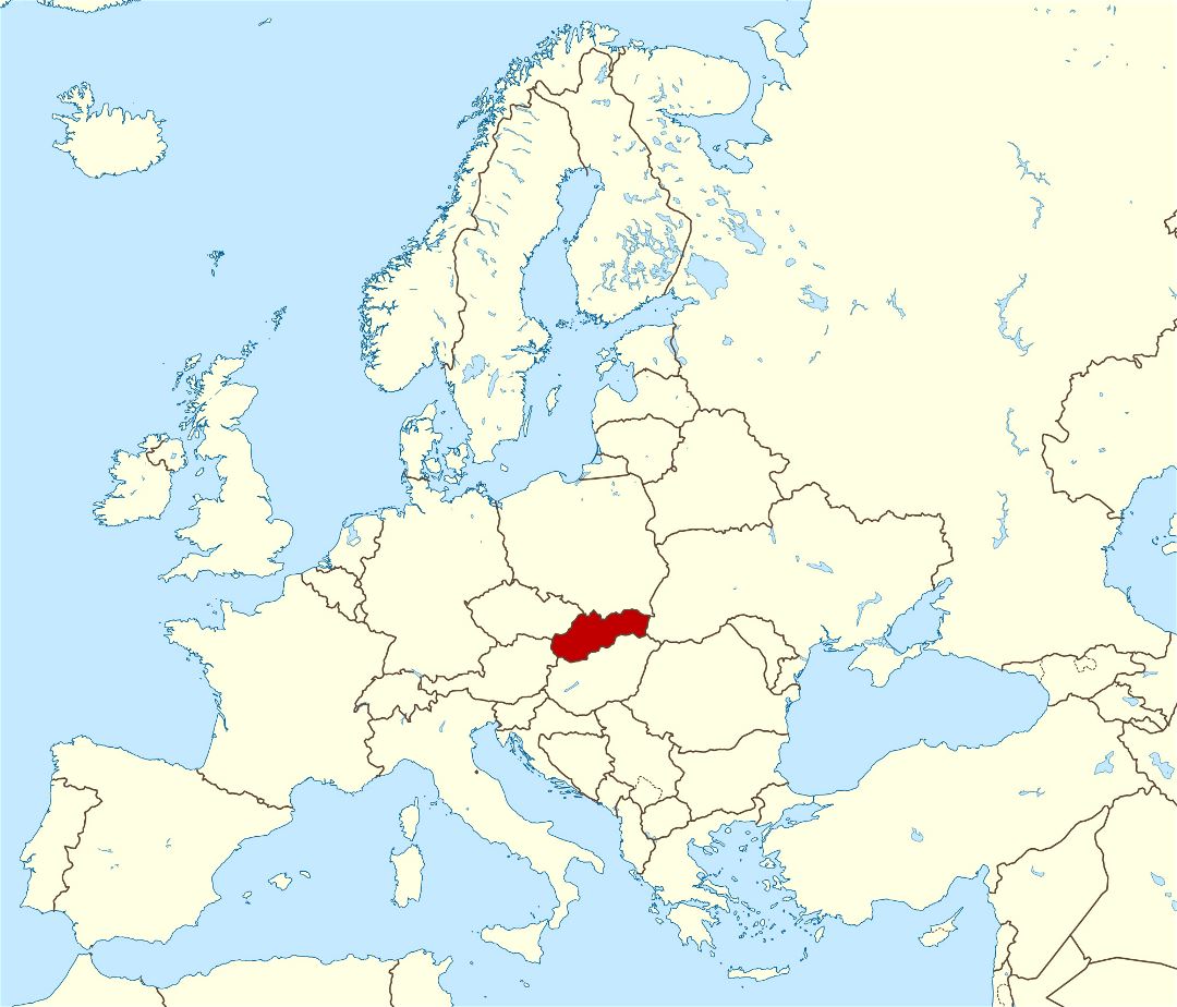 Большая карта расположения Словакии в Европе