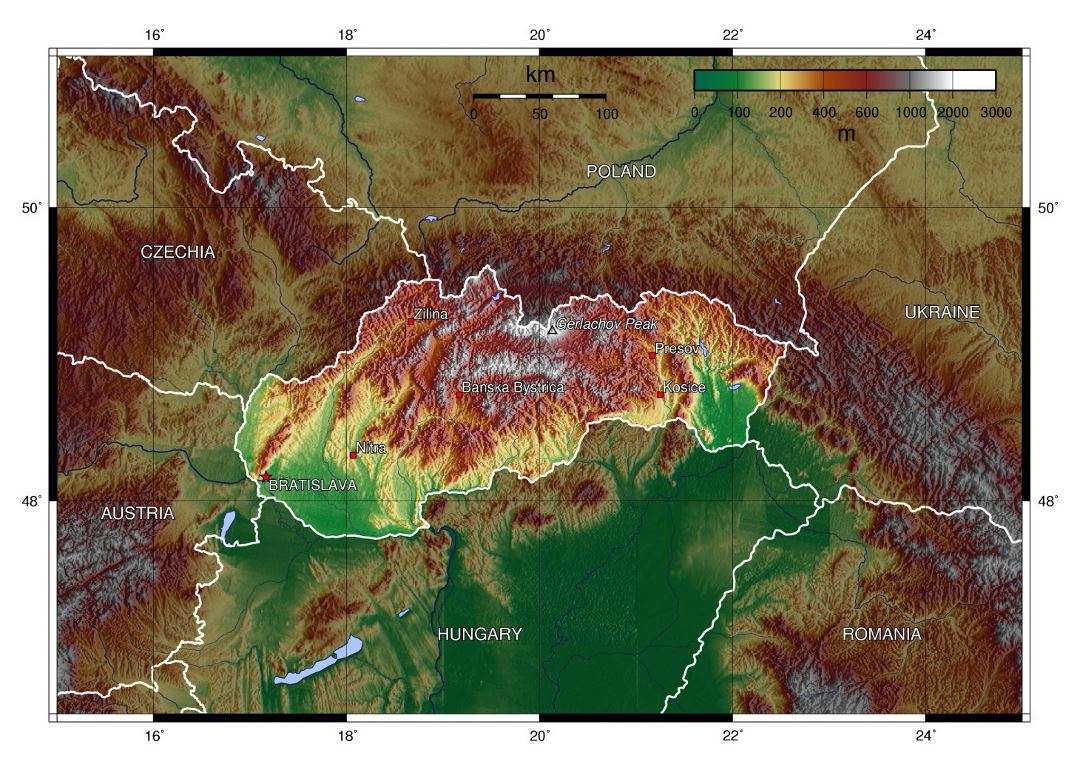 Большая топографическая карта Словакии и соседних стран