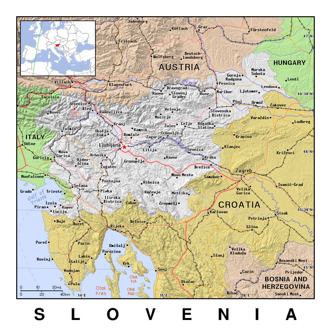Детальная политическая карта Словении с рельефом