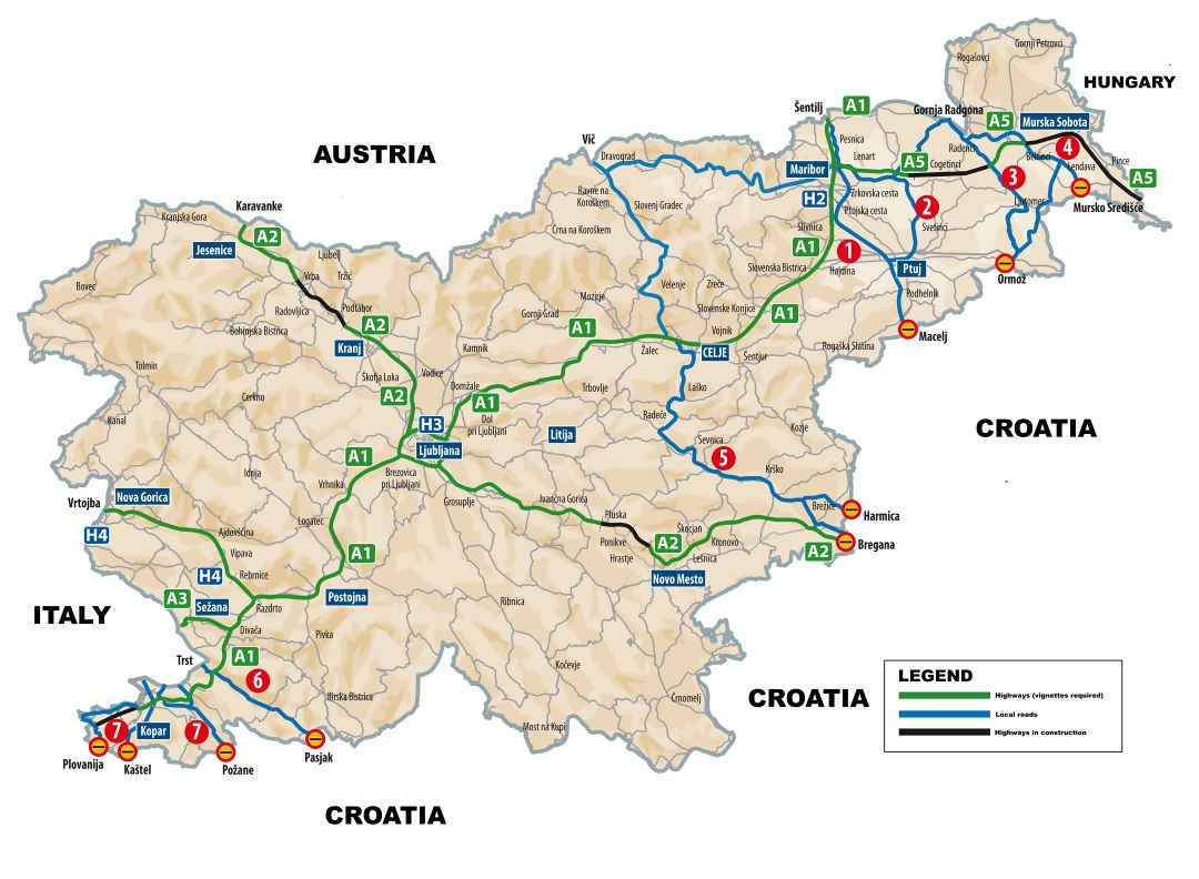 Большая детальная карта международных коридоров, шоссейных дорог и местных дорог Словении