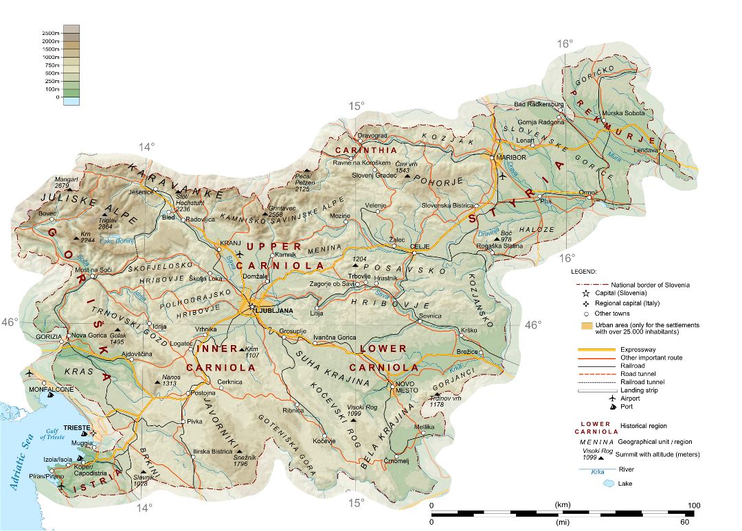Большая детальная физическая карта Словении с дорогами, железными дорогами, городами, портами и аэропортами