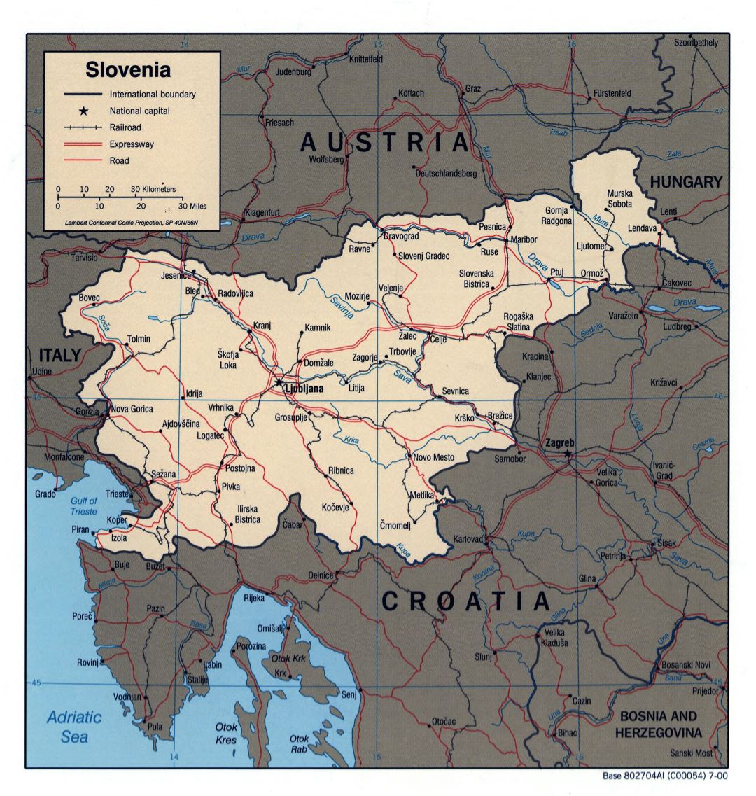 Большая детальная политическая карта Словении - 2000