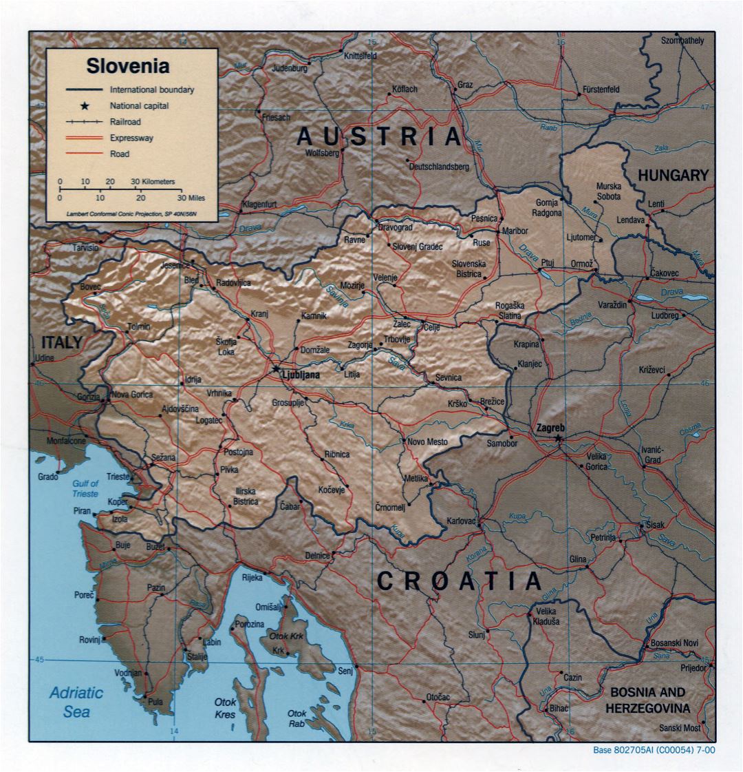 Большая детальная политическая карта Словении с рельефом - 2000