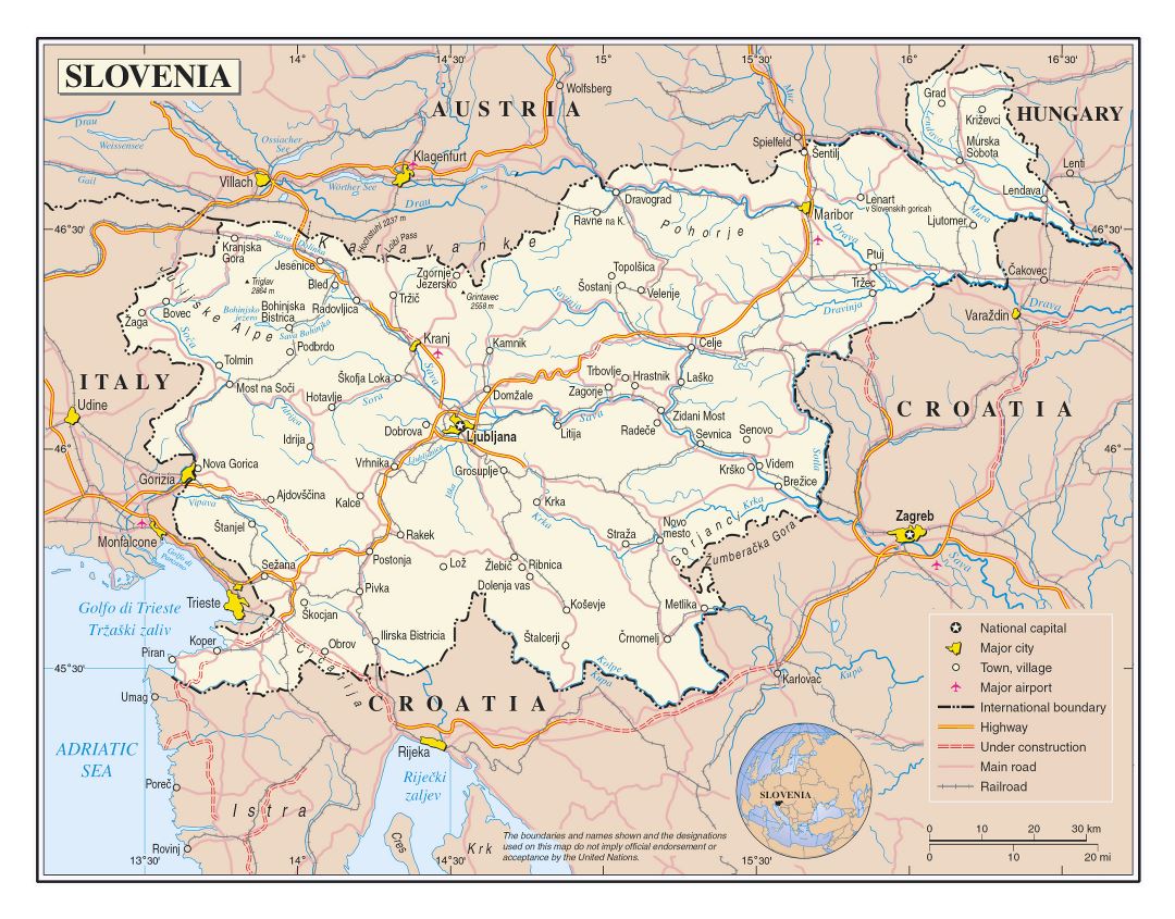 Большая детальная политическая карта Словении с дорогами, железными дорогами, городами и аэропортами