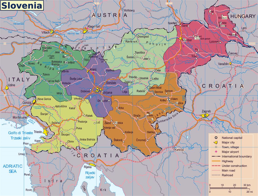 Большая карта Словении с регионами, дорогами, железными дорогами, крупными городами и аэропортами