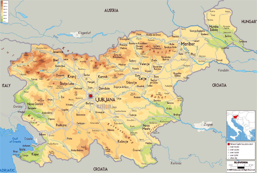 Большая физическая карта Словении с дорогами, городами и аэропортами