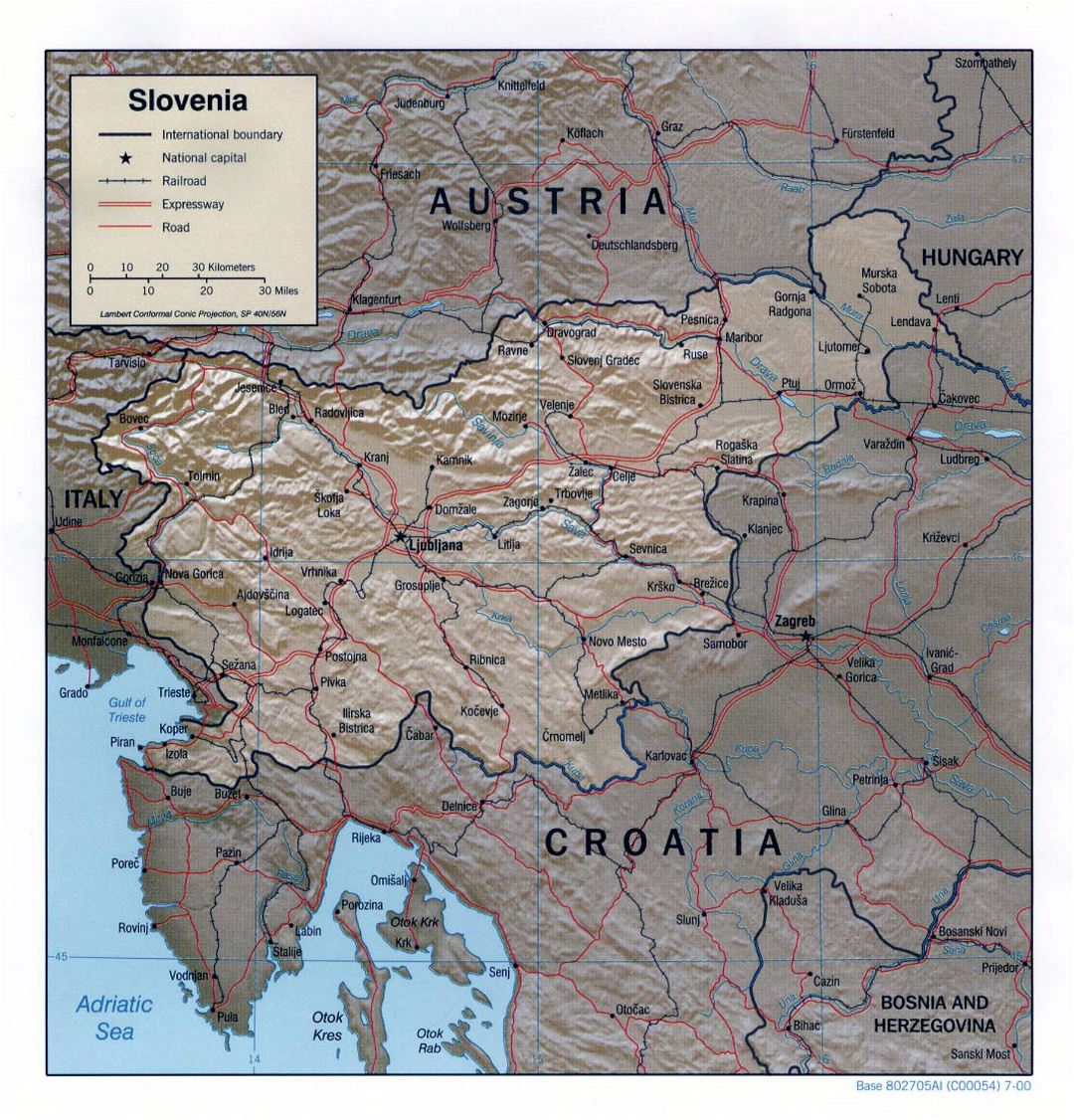 Большая политическая карта Словении с рельефом, дорогами, железными дорогами и крупными городами - 2000