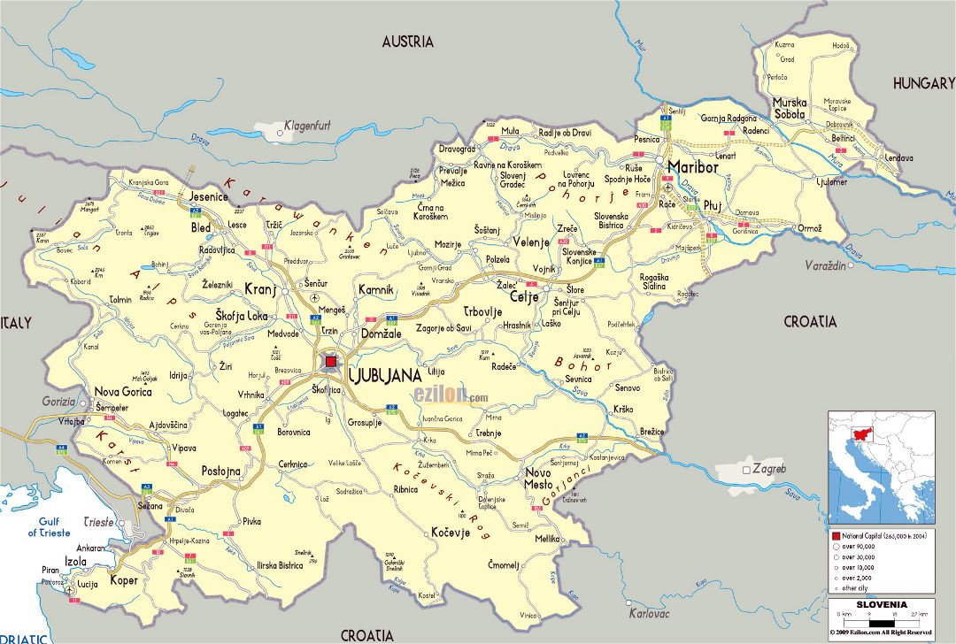 Большая политическая карта Словении с дорогами, городами и аэропортами