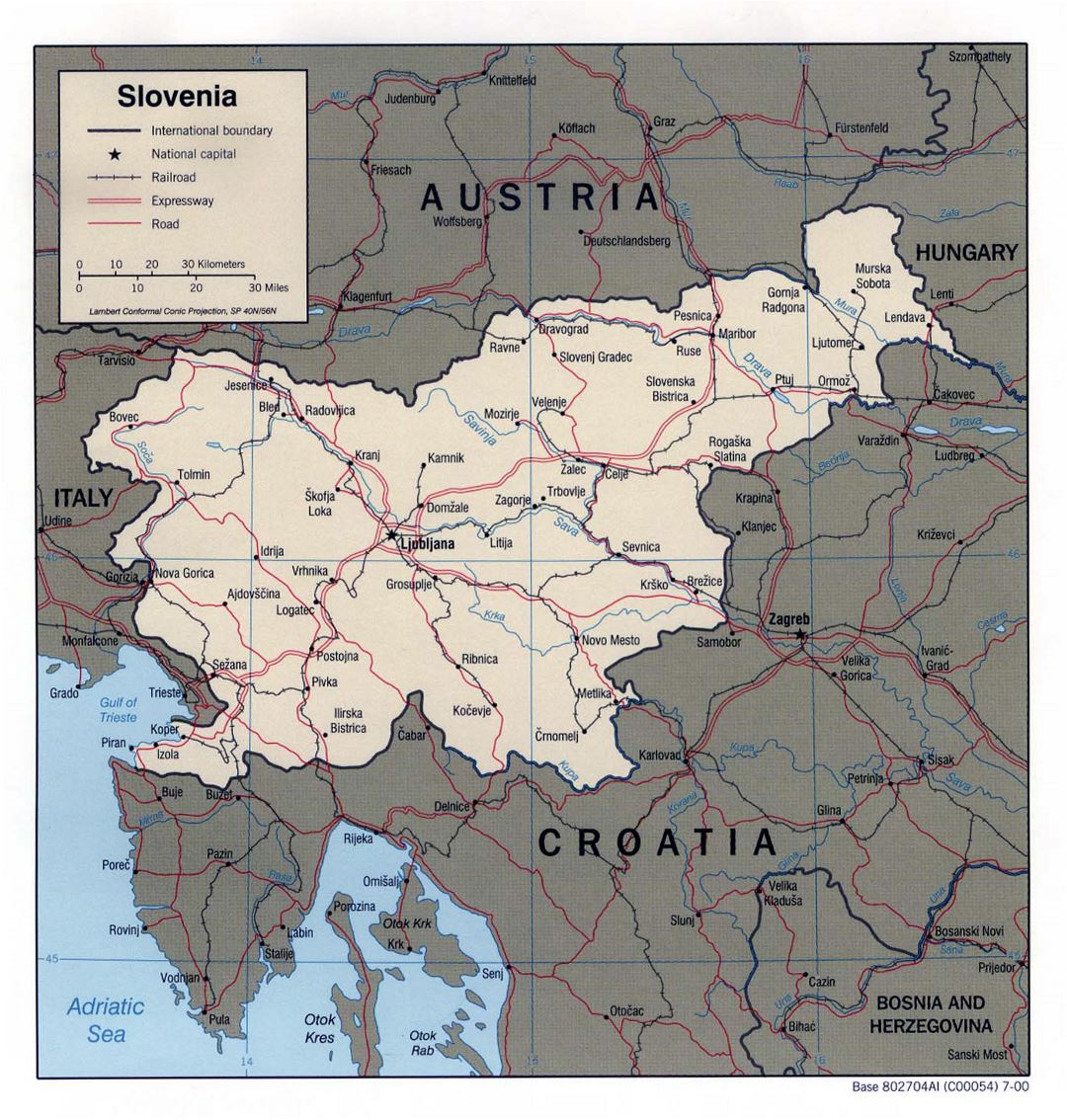 Большая политическая карта Словении с дорогами, железными дорогами и крупными городами - 2000