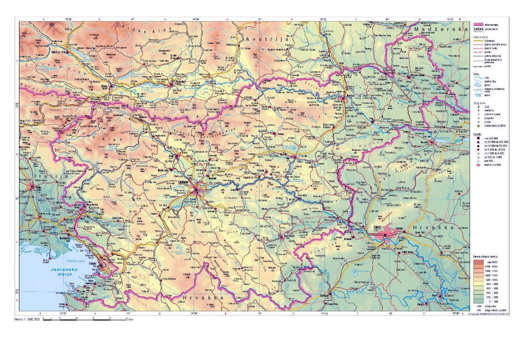 Физическая карта Словении с дорогами и городами