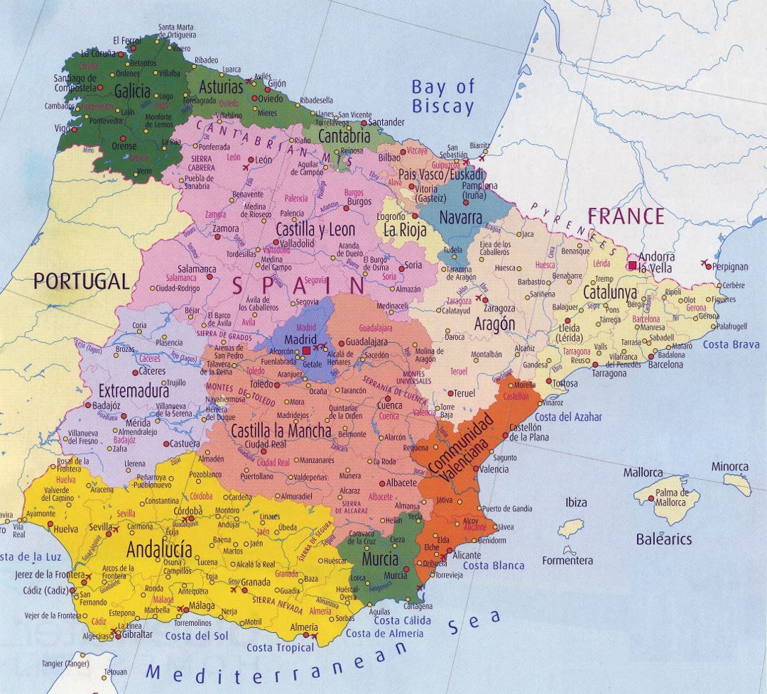 Административная карта Испании с крупными городами