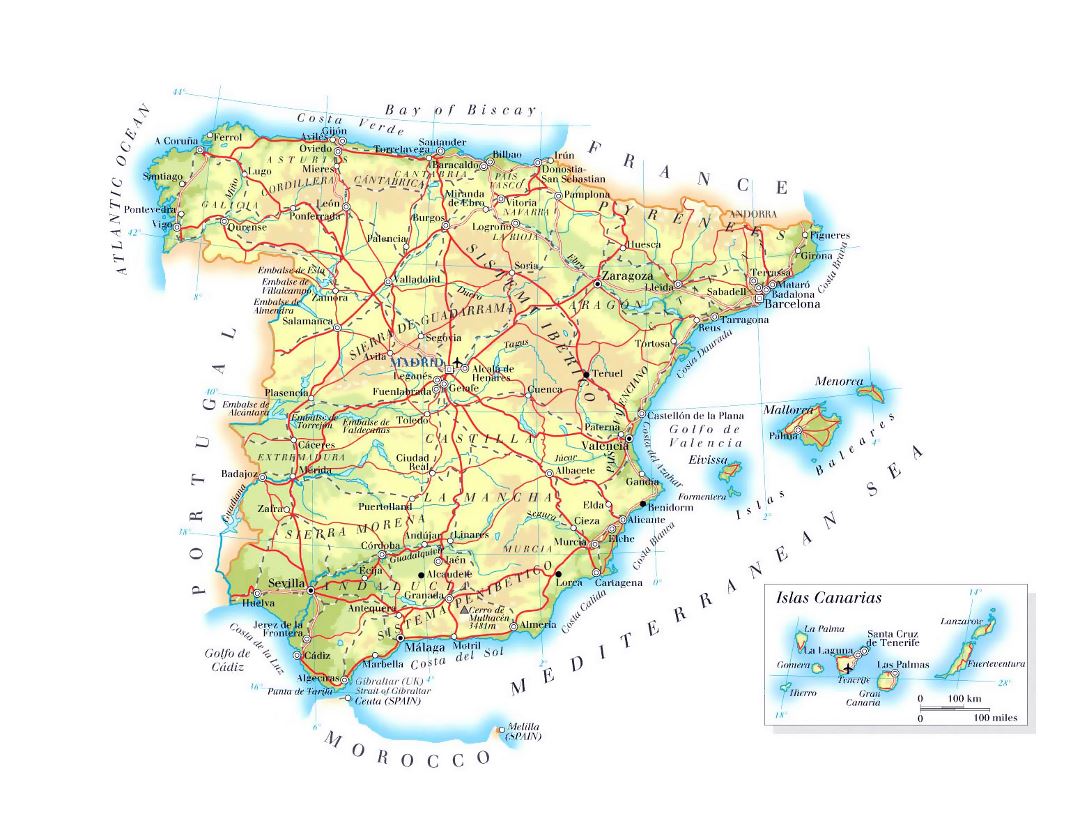 Детальная карта высот Испании с дорогами, крупными городами и аэропортами
