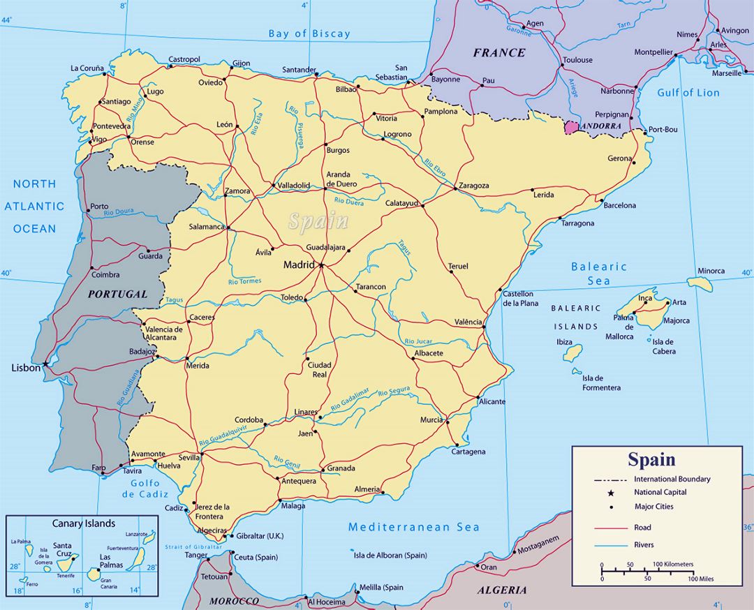 Детальная политическая карта Испании с основными дорогами и крупными городами