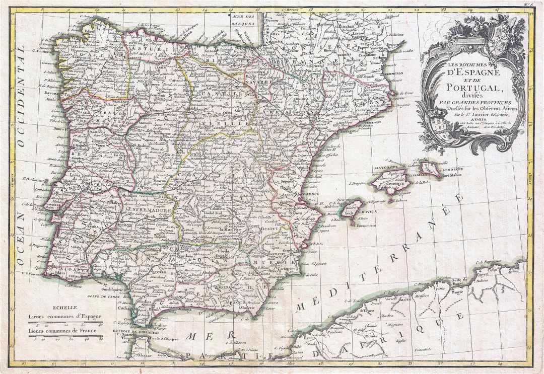 Большая детальная старая политическая и административная карта Испании и Португалии с городами - 1775
