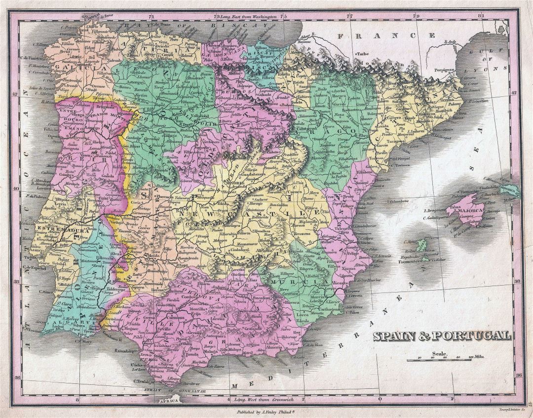 Большая детальная старая политическая и административная карта Испании и Португалии с городами - 1827