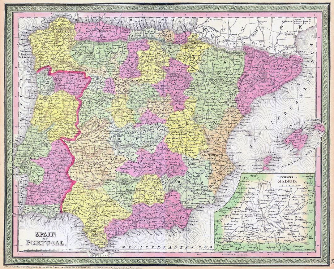 Большая детальная старая политическая и административная карта Испании и Португалии с дорогами и городами - 1850