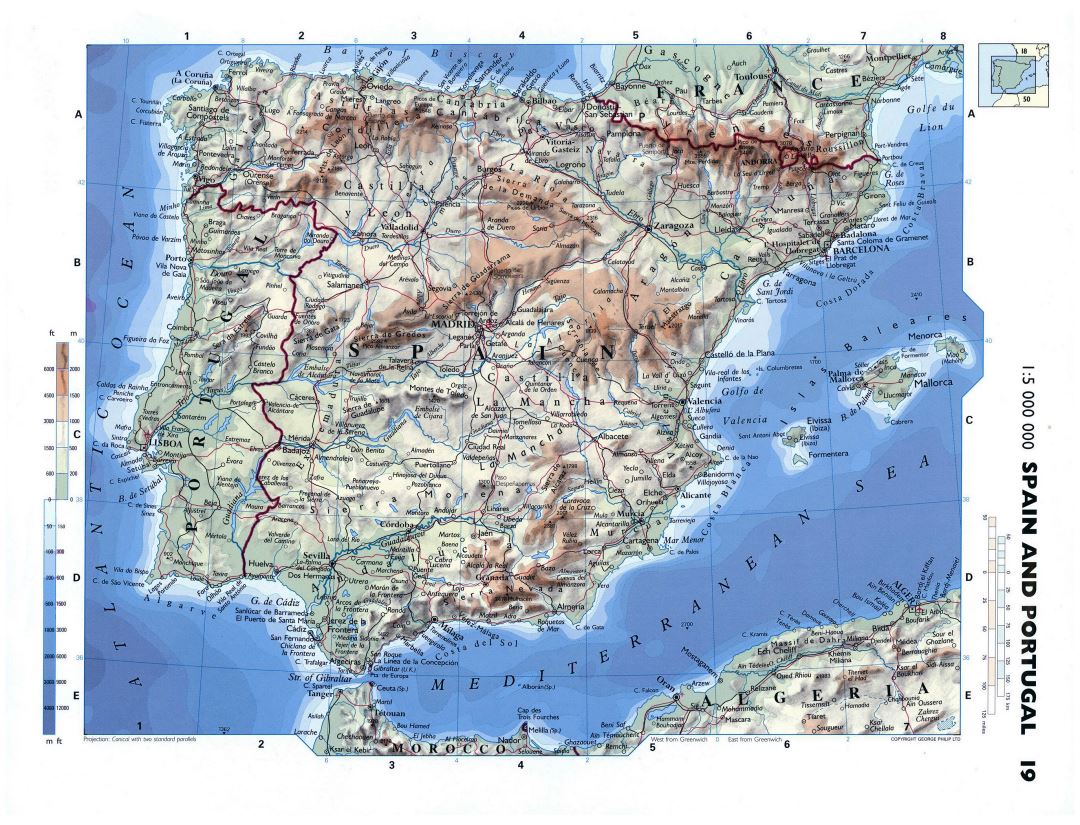 Большая детальная физическая карта Испании и Португалии с дорогами, городами и аэропортами