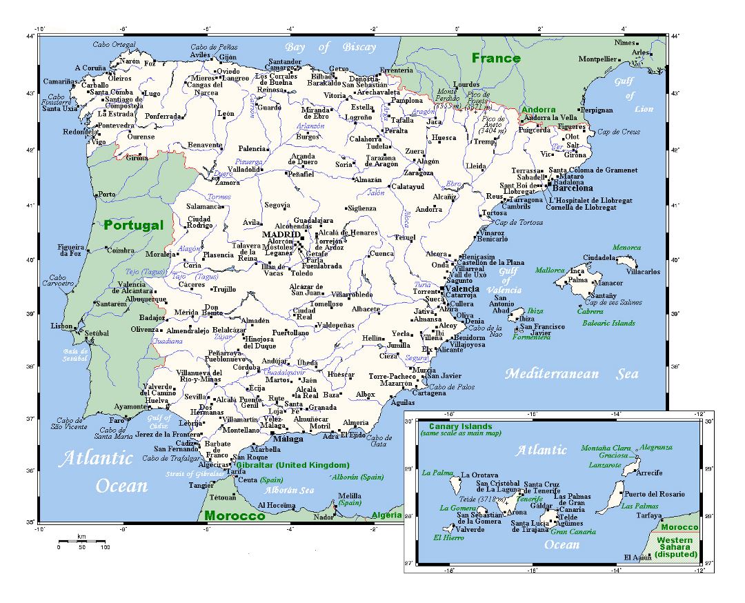 Большая карта Испании с крупными городами