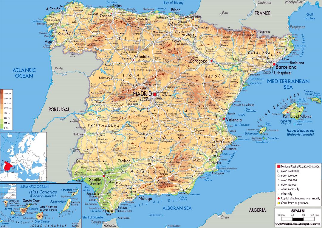Большая физическая карта Испании с дорогами, городами и аэропортами