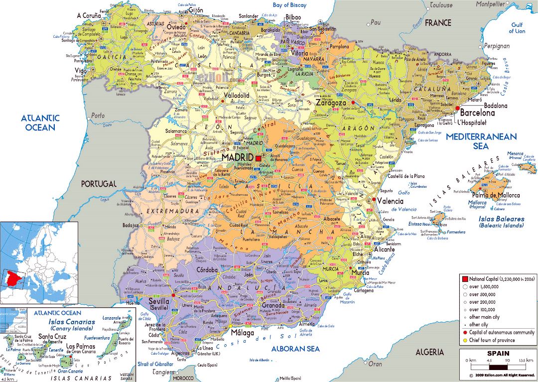 Большая политическая и административная карта Испании с дорогами, городами и аэропортами