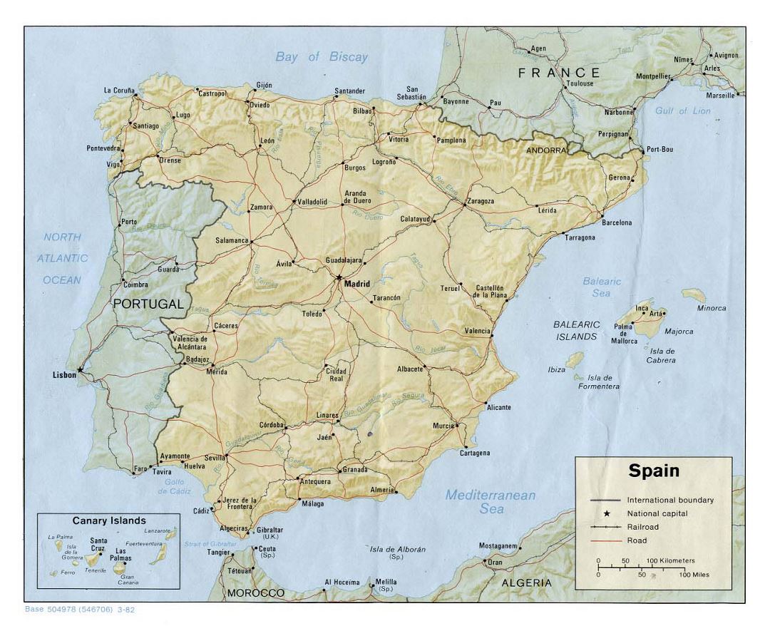 Большая политическая карта Испании с рельефом, дорогами, железными дорогами и крупными городами - 1982