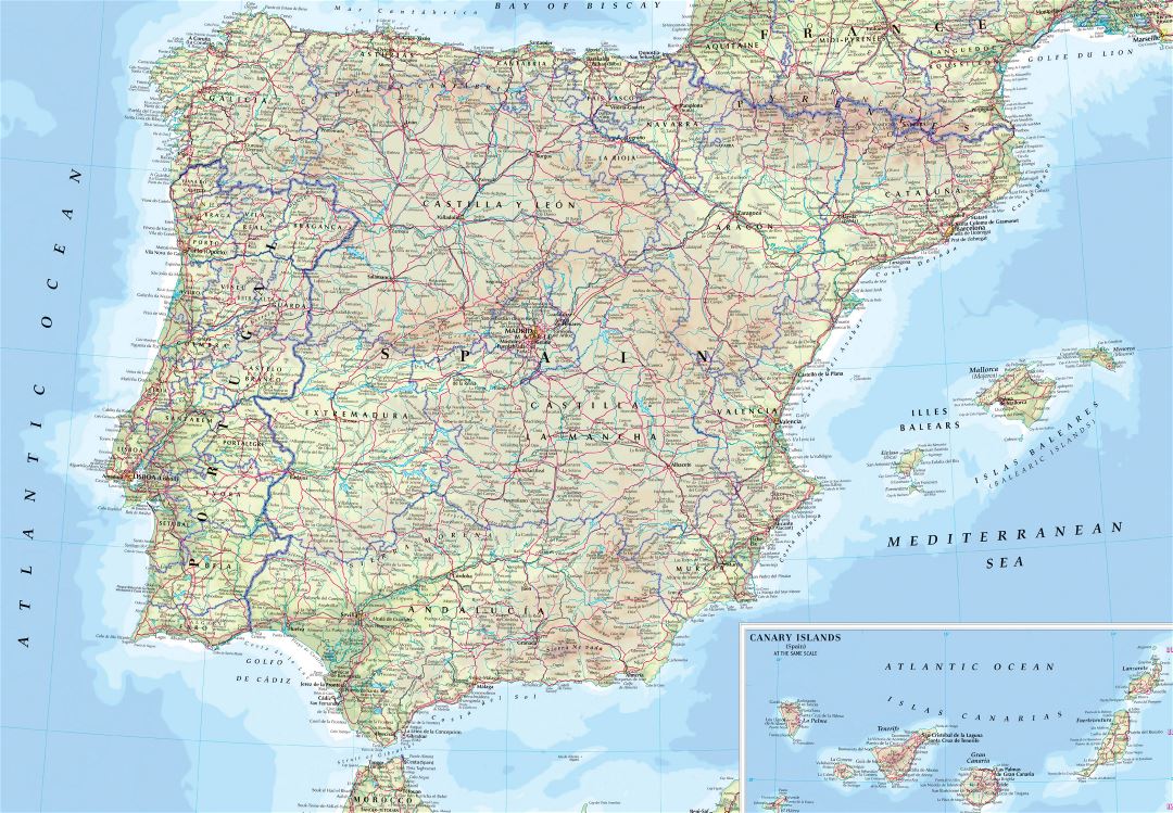 Большая карта дорог Испании и Португалии с городами и аэропортами