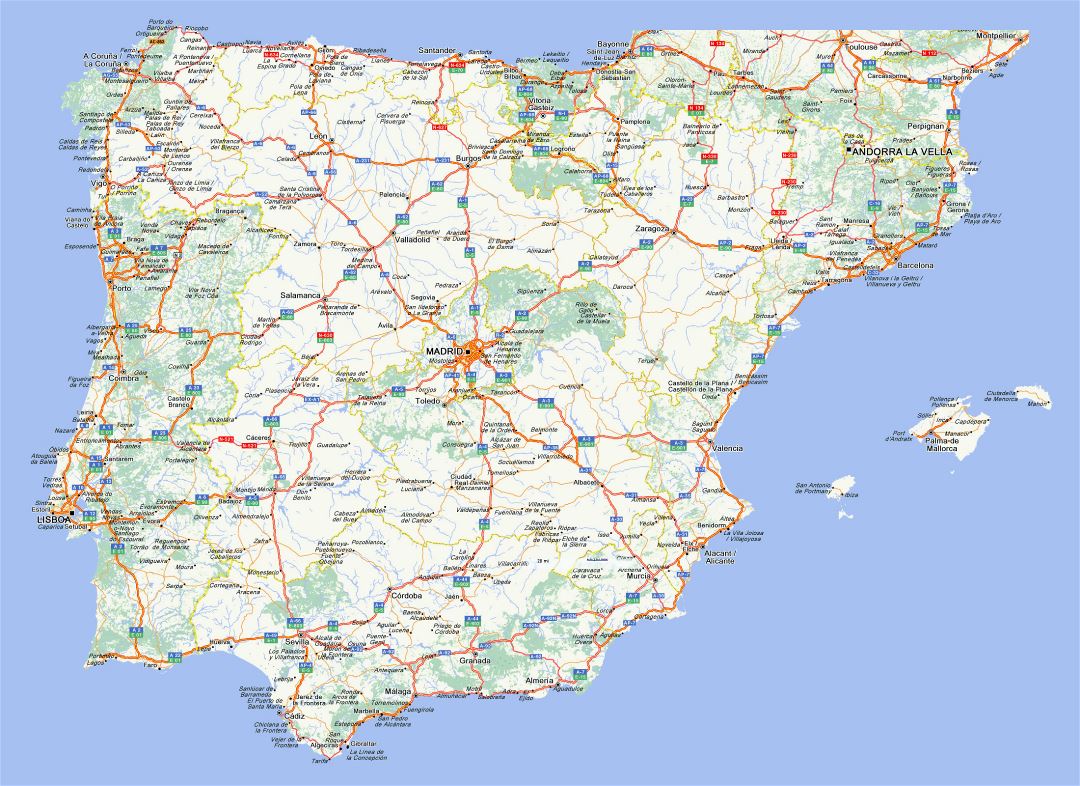 Большая карта дорог Испании и Португалии с городами