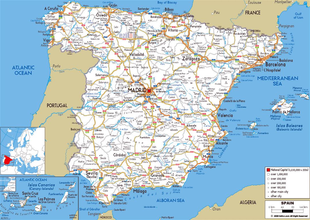 Большая карта дорог Испании с городами и аэропортами