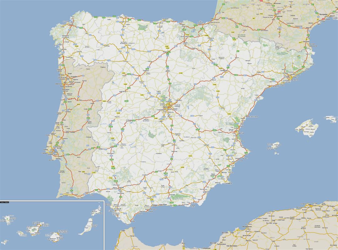 Большая карта дорог Испании с городами