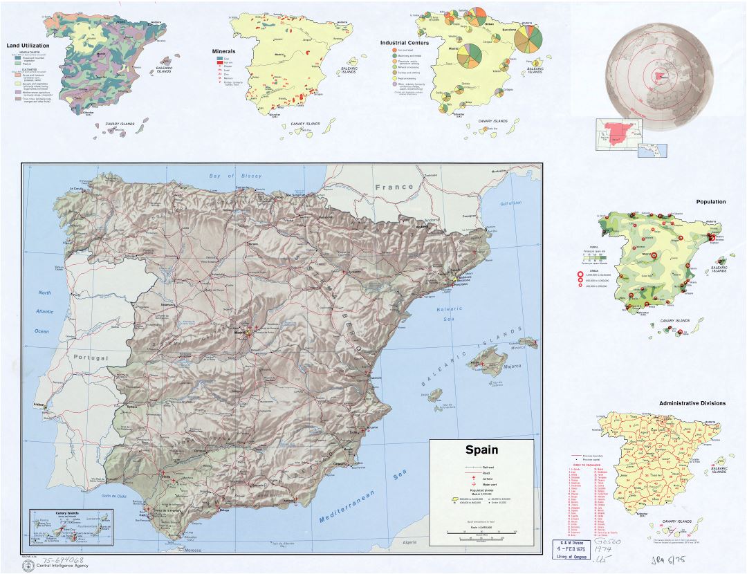 Крупномасштабная контурная карта страны - Испания - 1974