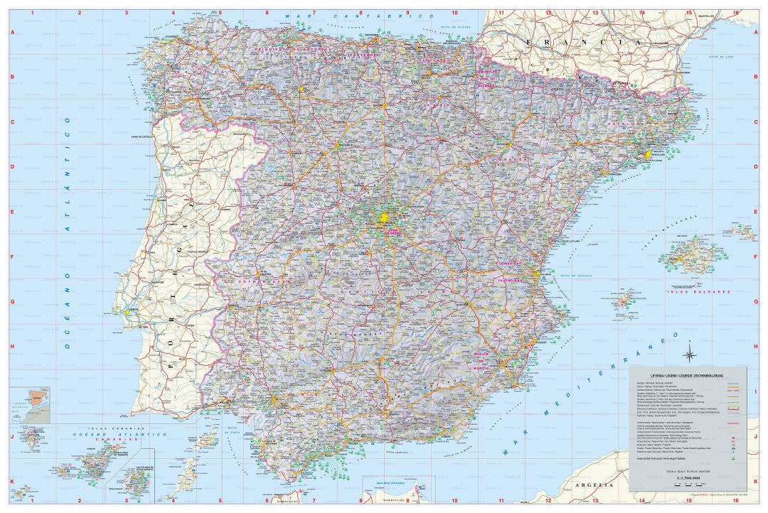Крупномасштабная карта Испании со всеми городами, деревнями, дорогами, автомагистралями и аэропортами