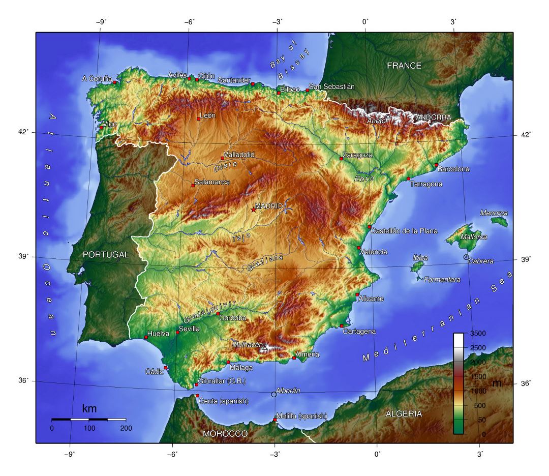 Большая топографическая карта Испании