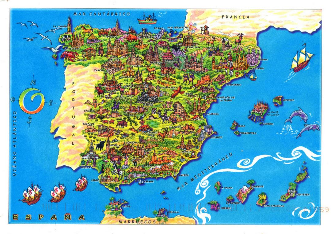 Большая туристическая иллюстрированная карта Испании