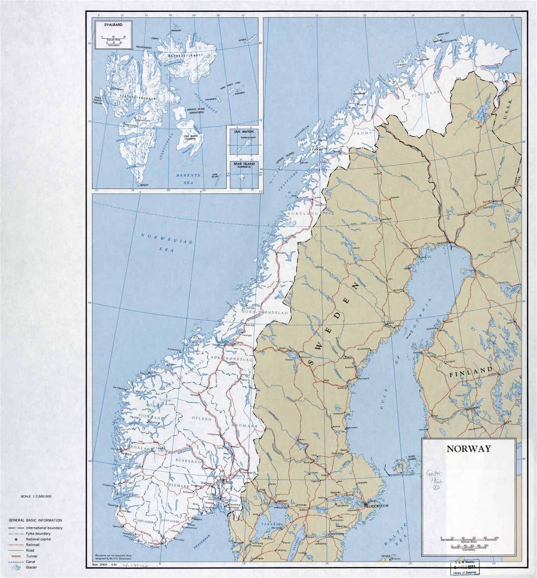 Крупномасштабная политическая и административная карта Норвегии и Шпицбергена с дорогами, железными дорогами и крупными городами - 1962