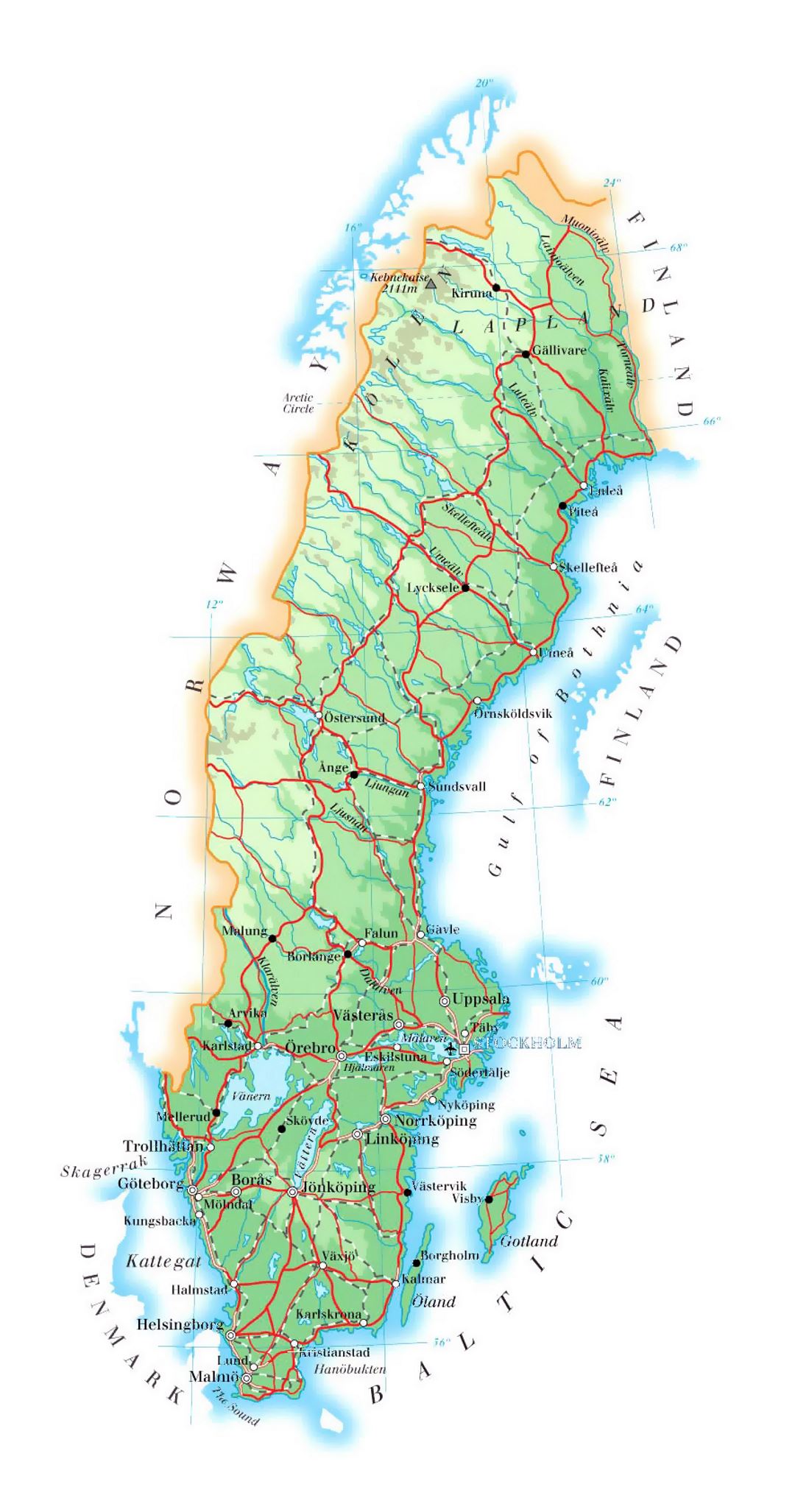 Детальная карта высот Швеции с дорогами, городами и аэропортами