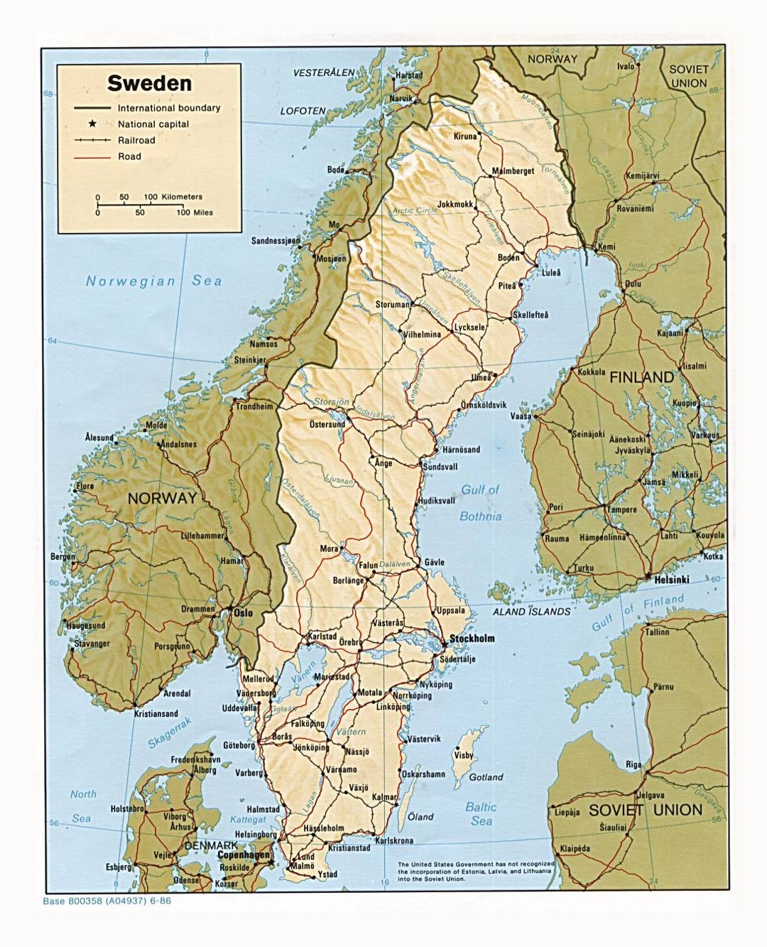 Детальная политическая карта Швеции с рельефом, дорогами, железными дорогами и крупными городами - 1986