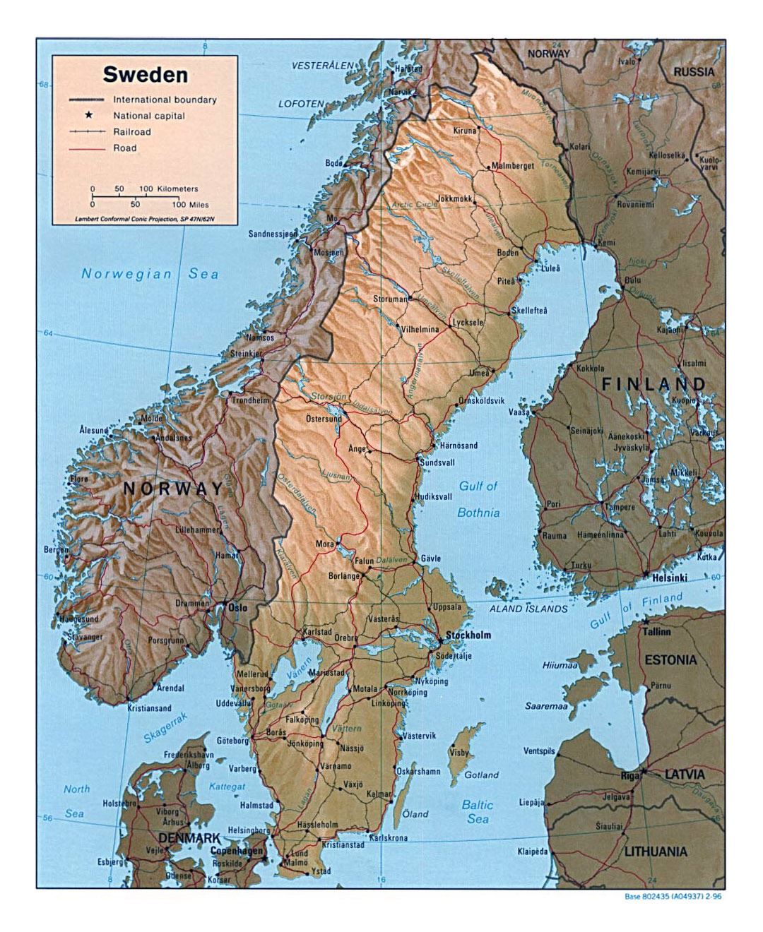 Детальная политическая карта Швеции с рельефом, дороги, железные дороги и крупные города - 1996
