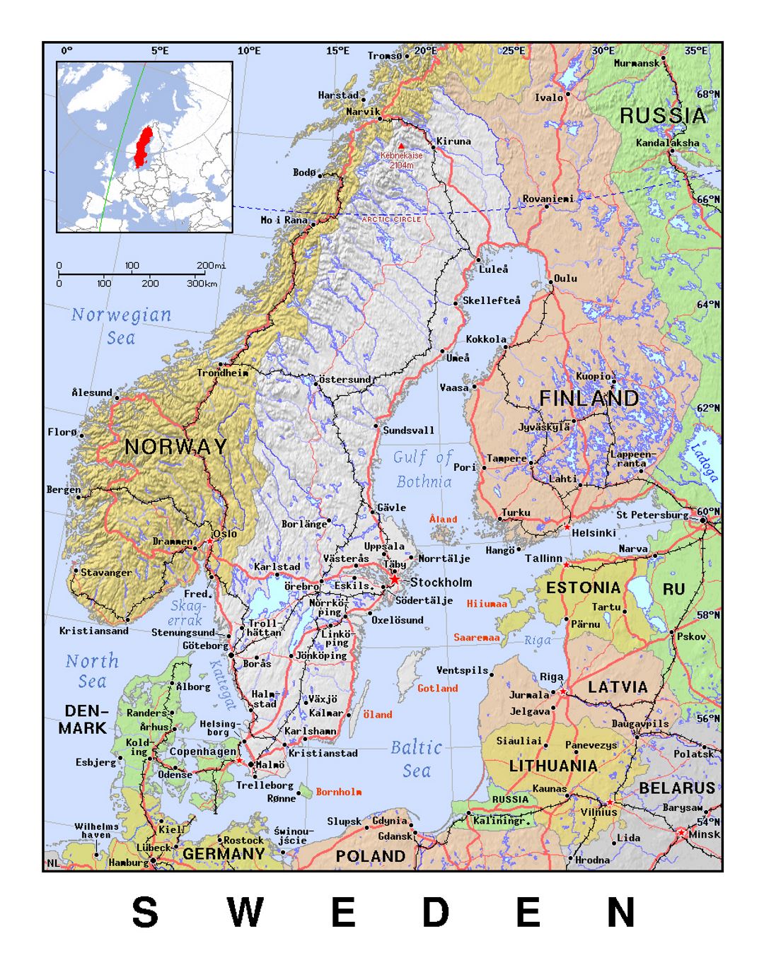Детальная политическая карта Швеции с рельефом