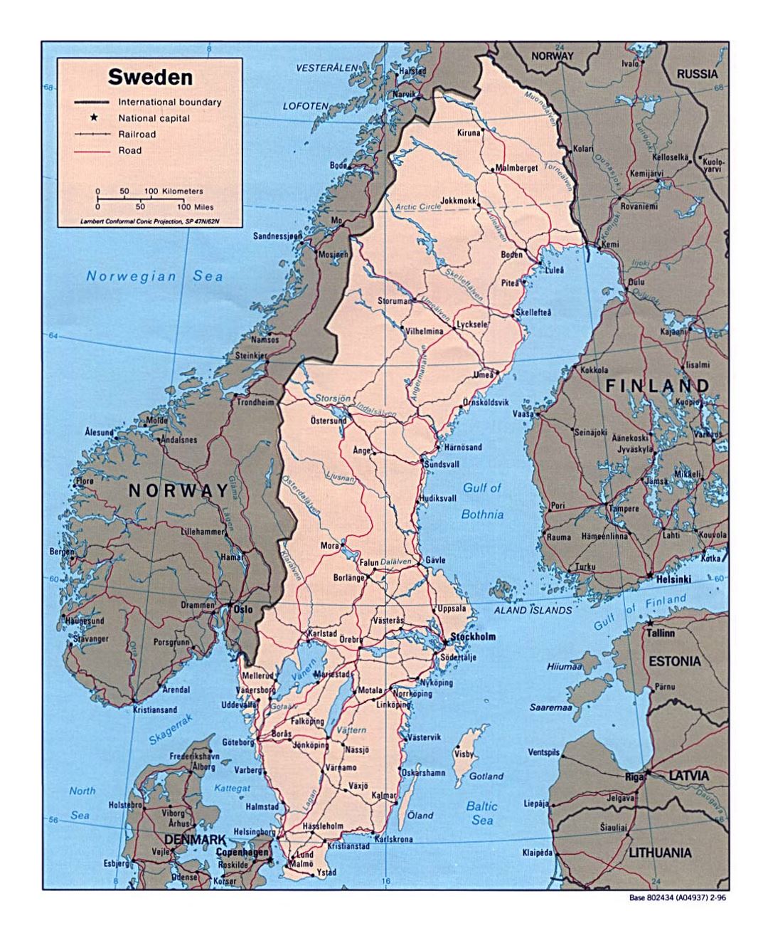 Детальная политическая карта Швеции с дорогами, железными дорогами и крупными городами - 1996