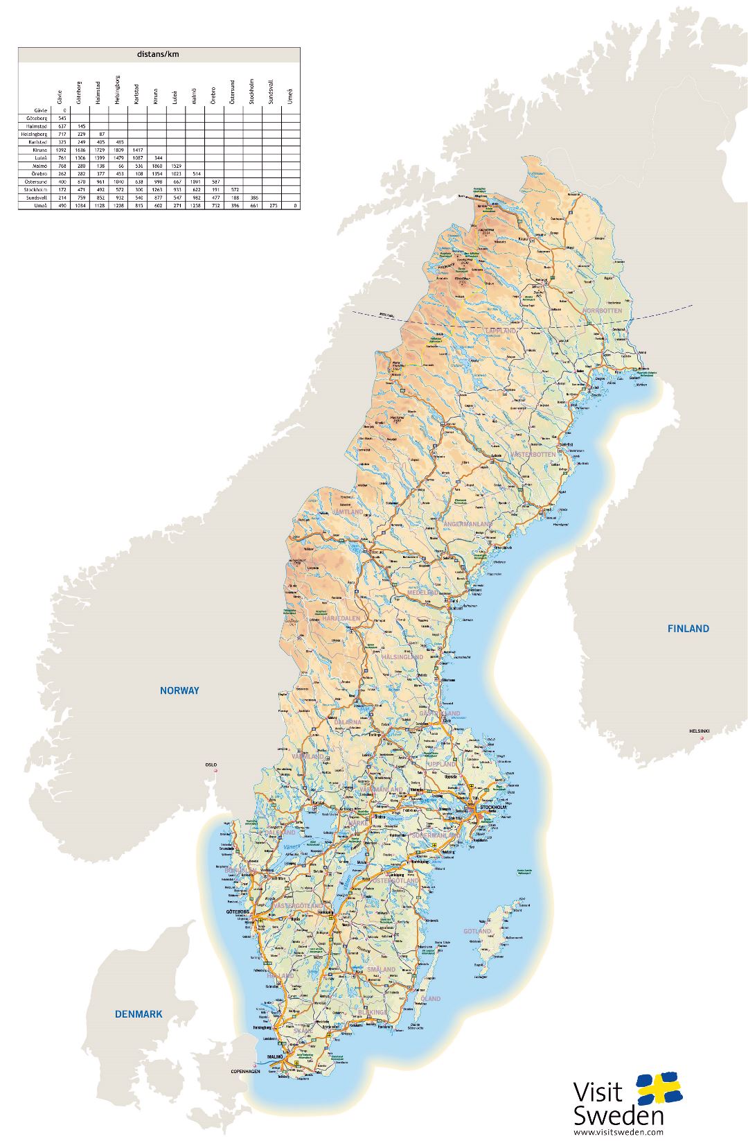 Большая детальная карта высот Швеции с автомагистралями, городами и аэропортами