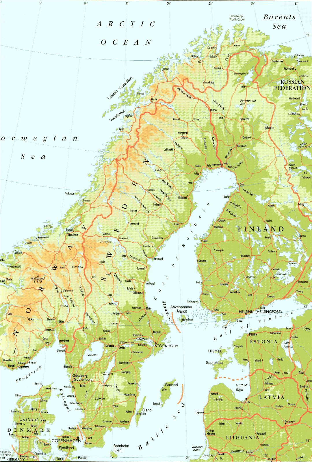 Большая детальная карта высот Швеции с дорогами и городами