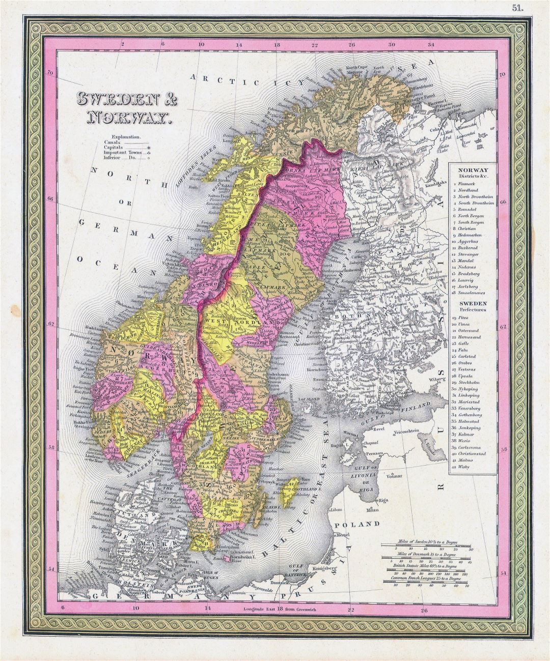Большая детальная старая политическая и административная карта Швеции и Норвегии с городами - 1850